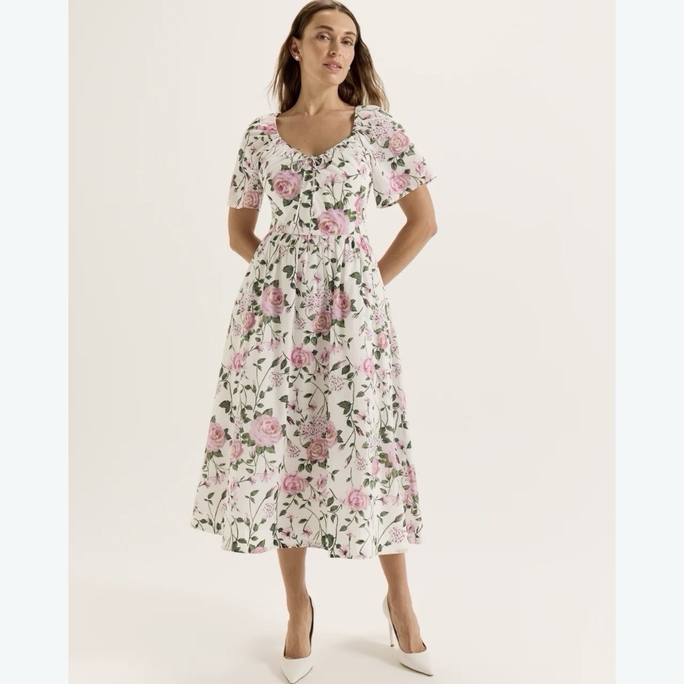 REVIEW Camellia Sundress Size 8 Cotton Floral Midi Fit Flare V Neck Puff Sleeve