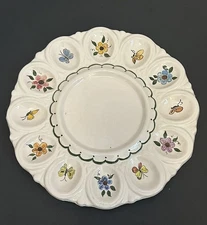 Vtg Egg Plate Platter Handpainted Floral Flowers Butterflies 11” Round 