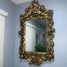 LARGE ANTIQUE ROCOCO STYLE CHERUB GOLD GILT  MIRROR