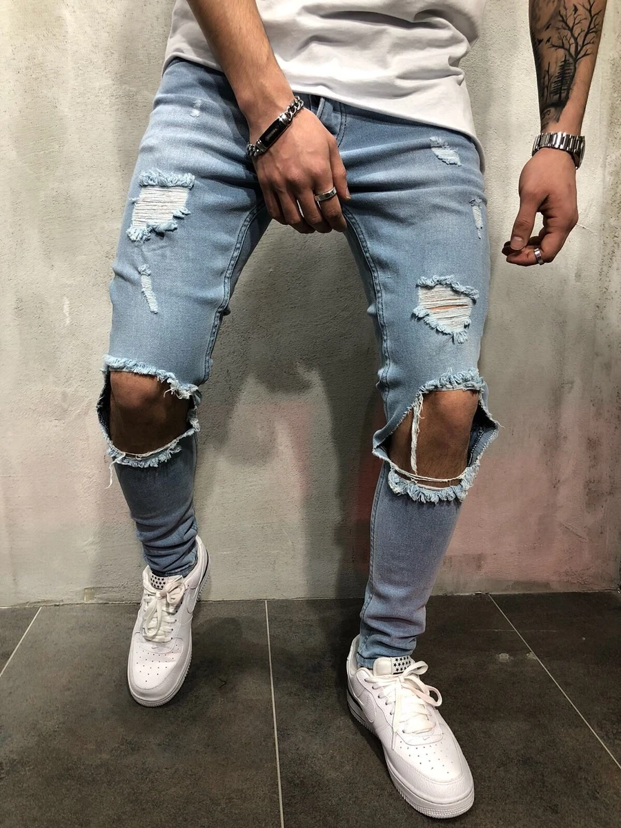 Pantalones Vaqueros Rasgados Para Hombre Elásticos Moda Hip Hop Azul Verano