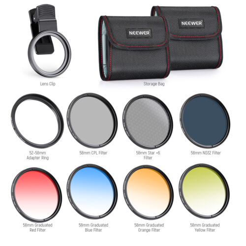 NEEWER 58mm Lens Filter Kit&Phone Lens Clip, CPL, ND32, 6 Point Star Filter - Picture 2 of 8