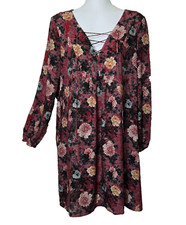 Peruvian Connection Dress Womens Medium Red Floral Lace Up Pockets Tunic