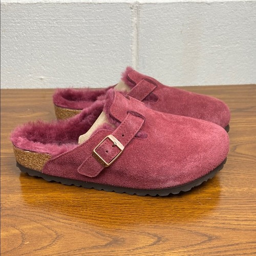 NIB Birkenstock Boston Fur Fell VL Burgundy Suede EU36 Regular Fit 1006406 - Picture 2 of 5