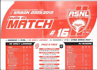 Spielbogen Nr. 16 ASNL - AJ Auxerre (2009 - 2010) - Ligue 1