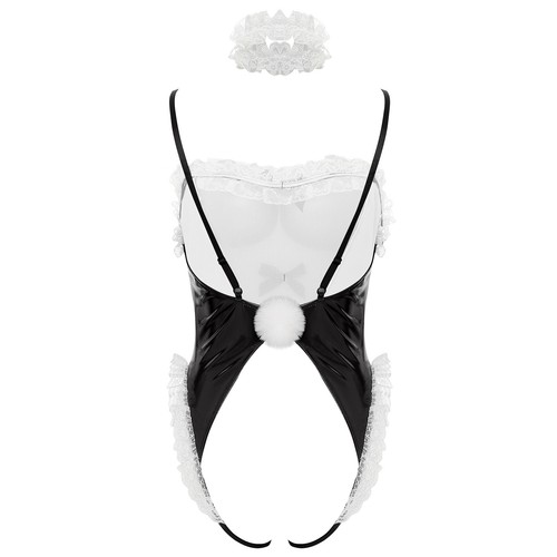 Women Nightwear Hollow Out Bodysuit Wet Look Leotard Faux Leather Lingerie Maid - Picture 20 of 42