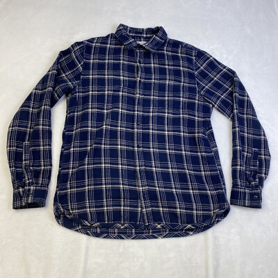 Outerknown Transitional Flannel Organic Cotton Button-Up Size M Blue Tan Plaid