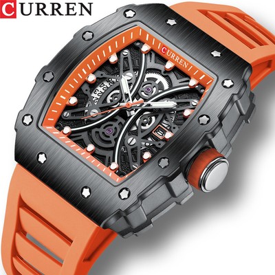 CURREN Silicone Tonneau Calendar Waterproof Hollow Luminous Sports Quartz Watch