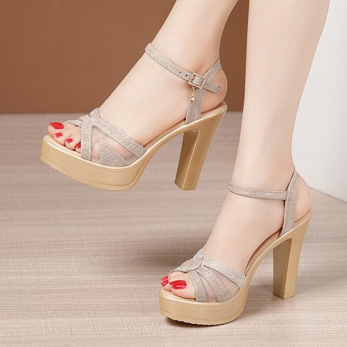 Women Platform Rhinestone High Heels Summer Sandals Thick Heel Wedding Shoes Sz - Picture 4 of 17