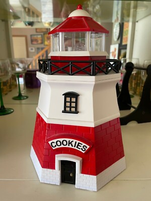 1999 Lighthouse Cookie Jar Red White 11'' Plastic , Lights Up Battery Operated