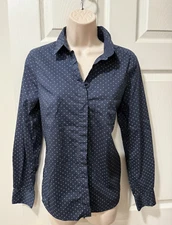 H&M Navy Blue & White Polka Dot Long Sleeve Button Down Size US 4