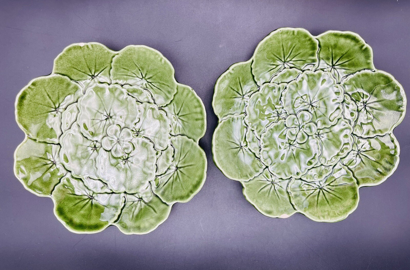 Vintage Set of 2 Majolica Geranium Green Leaf Salad Plates by Faiancas