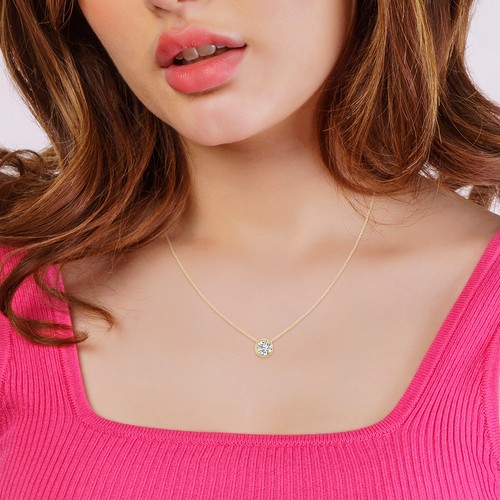 Collar con bisel de diamantes cultivados en laboratorio de corte redondo de oro blanco y amarillo de 14 K 0,25-3 CTTW - Imagen 39 de 72