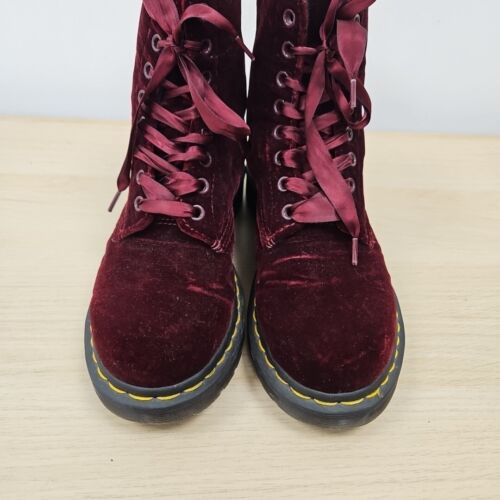 Dr Martens 1460 Pascal Red Cherry Soft Crushed Velvet Ankle Boots Size Uk 4 - Picture 3 of 9