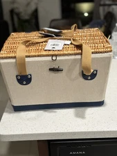 Picnic Time Boardwalk Picnic Basket Natural Canvas Blue Interior Leather Straps 