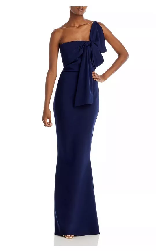 CHIARA BONI LA PETITE ROBE Teresa Bow One Shoulder Gown Navy Size 8