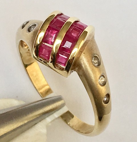 Q11520, neu 14k massiv Gelbgold Y/G echter Rubin Diamantring, Baguette, Gr.-7 - Bild 2 von 10