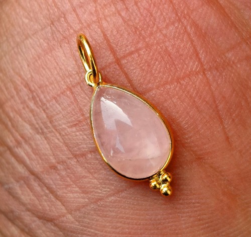 18K Solid Gold Rose Quartz Gemstone Charm Handmade Necklace Pendant - Picture 5 of 5