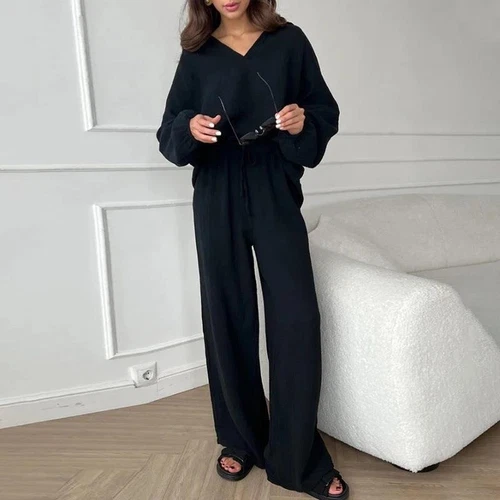 Women V Neck Long Sleeved Top Loose Casual Drawstring Pants Set 2Pcs Set Summer - Picture 6 of 28