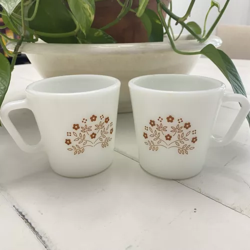 Vintage Pyrex Coffee Cup Mugs SUMMER IMPRESSIONS Brown Flower D-Handle Set of 2