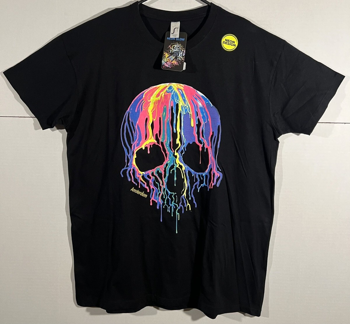 Sols Bartex Melting Skull Amsterdam Neon Glow Black T Shirt Size