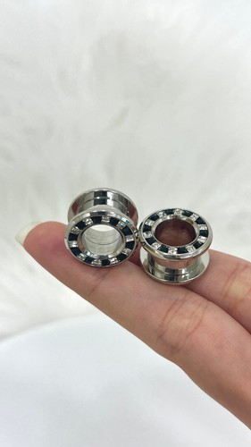Surgical Steel Pressed Rimmed Black Clear CZ Screw Tunnel Ear Plugs Sold as Pair - Picture 17 of 26