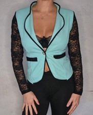 Damen Blazer Oberteil Spitze Türkis Schwarz S 34 Xs Party Sexy Jacke Transparent