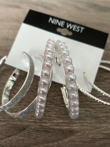 3 Pairs Nine West Hoop Earrings Silver 2”-2.25” Hoops New - Picture 3 of 6
