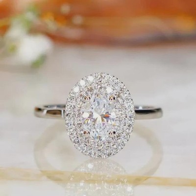3 CT Oval Cut Double Halo VVS1 Moissanite Engagement Ring 14K White Gold Plated