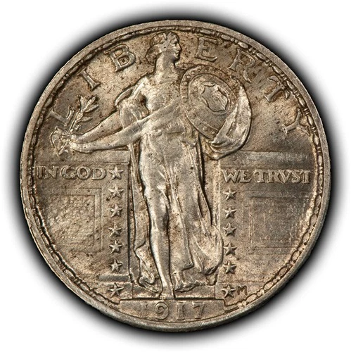 1917 25c Standing Liberty Silver Quarter - Type 2 - Wood Grain Toning - Y6379