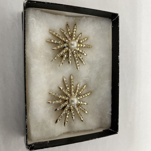 Pendientes de clip vintage de diamantes de imitación de perlas AB tono dorado Starburst EMMONS - Imagen 2 de 7