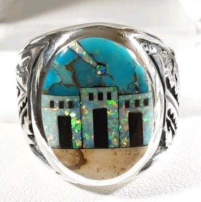 925 STERLING SANTA FE VILLAGE TÜRKIS JASPIS LABOR OPAL GRÖSSE 11 RING 12,4 g