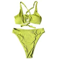 Womens Juniors Swimsuit XL Lime Green Front Keyhole Ring Ribbed 2 Piece NEW
