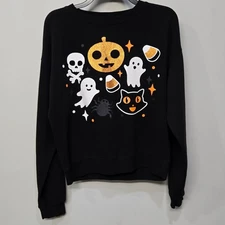 Womens Halloween Sweatshirt Medium Black Pullover Ghost Pumpkin Cat Creepy Cute