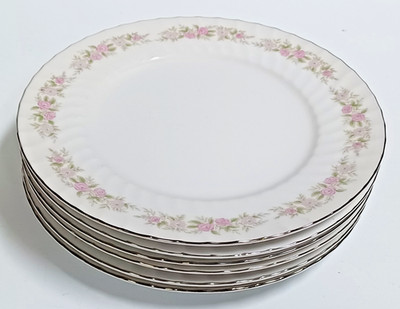 Danisco Teahouse Rose (6) Dinner Plate 10.25  Swirled Rim Platinum Trim Japan
