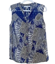 Collective Concepts Blouse Sleeveless Paisley Navy Blue Lace Trim Top