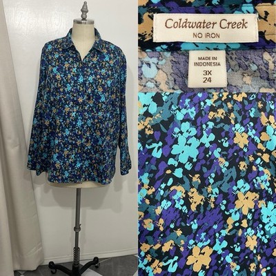 Plus size 3X 24 multi Blue Purple button up shirt top NO IRON By Coldwater Creek