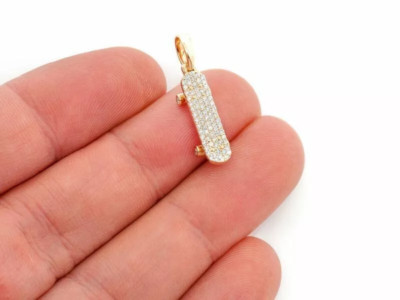 1.00CT Real Moissanite Skateboard Pendant Necklace 14k Yellow Gold Plated Silver