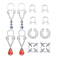 6 Pair Safety Fake Nipple Rings Women Non-Piercing Dangle screw Clip On Jewelry