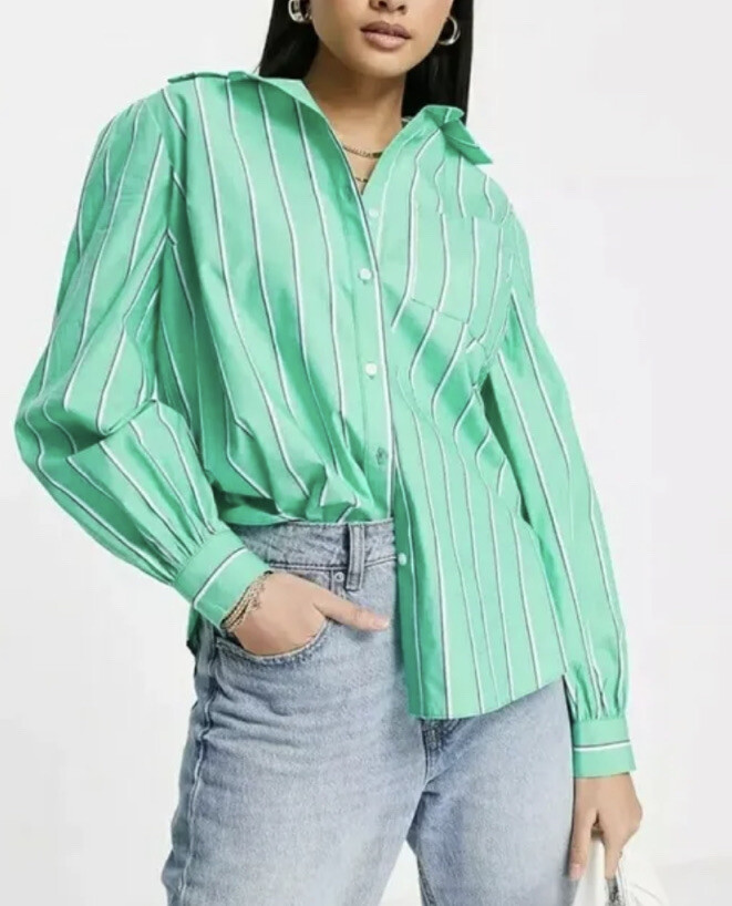 River Island Green Stripe Boyfriend Poplin Shirt Size 10 UK