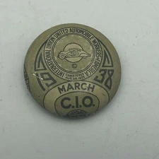 Auto Workers Union Pinback UAW Button Pin Bastian Bros Vintage March 1938 Vtg
