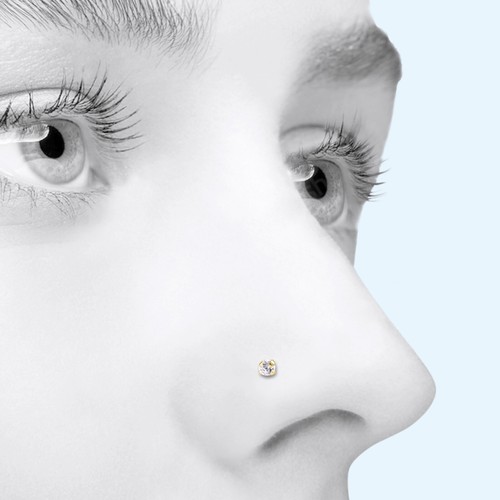 14K Solid Yellow Gold Cubic Zirconia Round Cut Nose Stud Ring Straight 20g 1-3mm - Picture 7 of 7