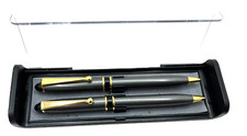Set of Two  Twist Ballpoint Gray Pens with Case  One Blue  One Black Ink Pen