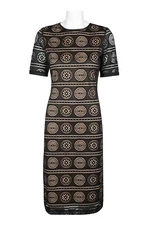 Sharagano Stretch Lace Bodycon Sheath Day Dress Size 16 Black over Nude NWT $118