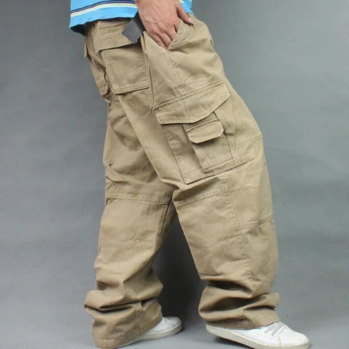 New Mens Hip Hop Pants Loose Cotton Blend Pocket Baggy Cargo Carpenter Overalls - Picture 2 of 18
