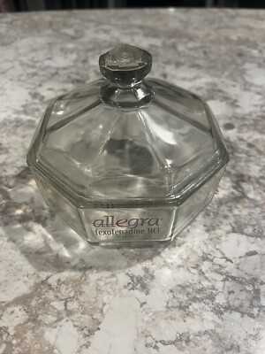 ALLEGRA Giveaway advertising glass candy dish with lid 4 1/2'' tall DECO Vintage