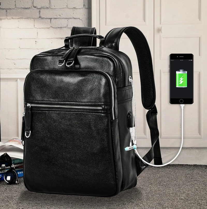 AU Fashion Men Leather School Backpack Waterproof Laptop Travel Bag Without USB