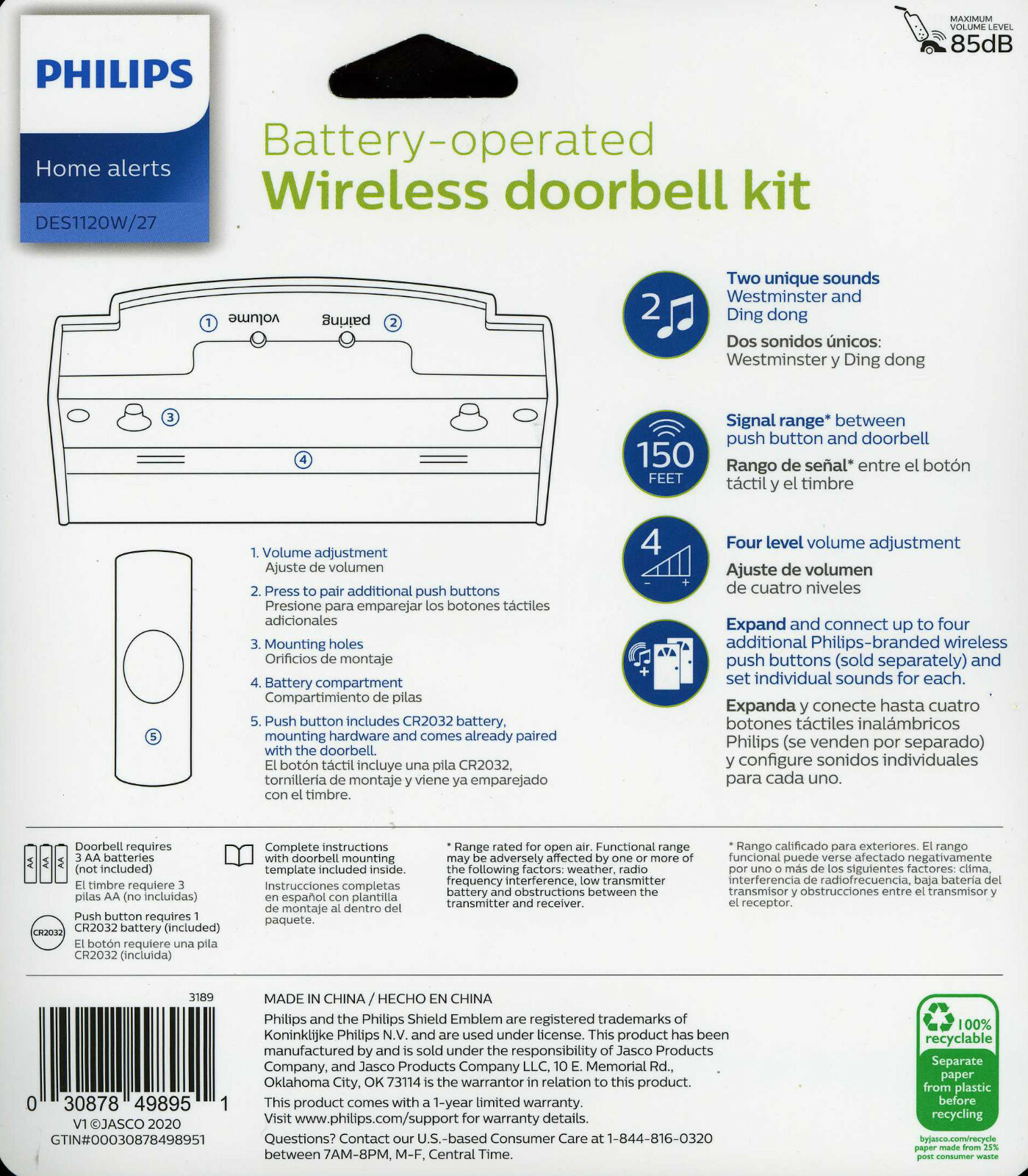 Philips WIRELESS DOOR DOORBELL KIT / CHIME PUSH BUTTON 2SOUNDS Battery