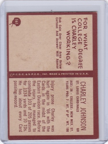 AM: 1967 Phila. Gum Football Card #161 Charlie Johnson St. Louis Cardinals - ExM - Picture 2 of 2