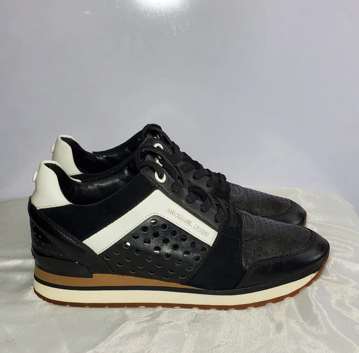 Michael Kors Women s Size 6.5 Billie Leather Black and White Trainer Sneakers