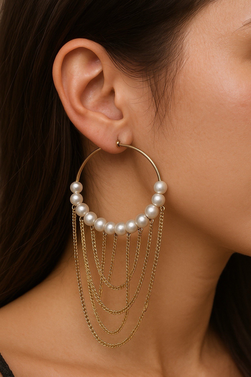 Gold Pearl Chain Hoop Earrings for Women – Trendy Elegant Dangle Statement Jewelry